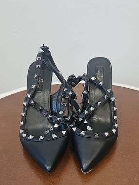 Valentino Black Leather Studded Pointed Slingback Heels